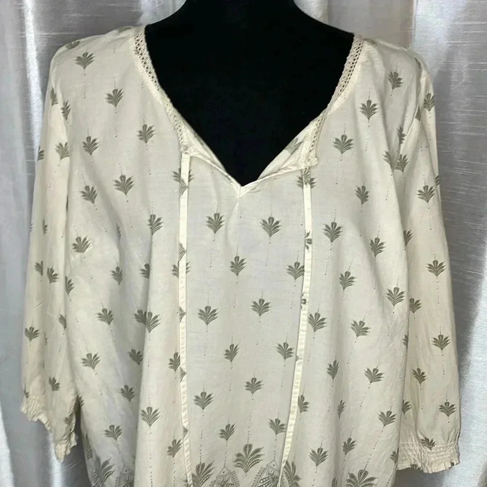 Izod Boho Minimalist Earth Tone Puffy 3/4 Sleeves Lace Beige Top Women's Large